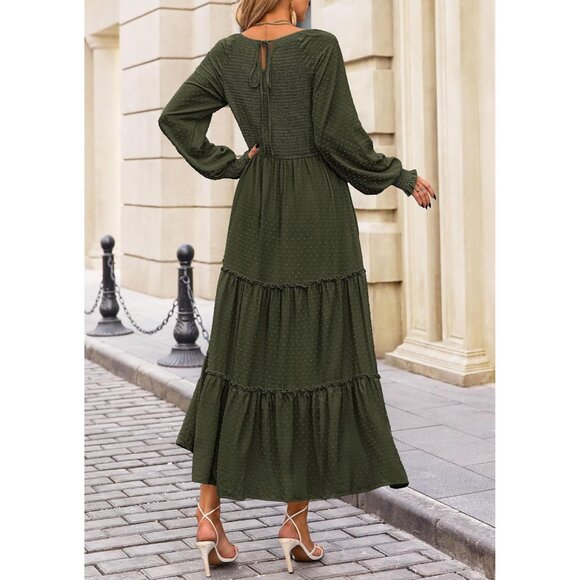 Elegant Women's Smocked Maxi Dress - Long Sleeve Swiss Dot Wedding Guest Attire - Picture 2 of 8